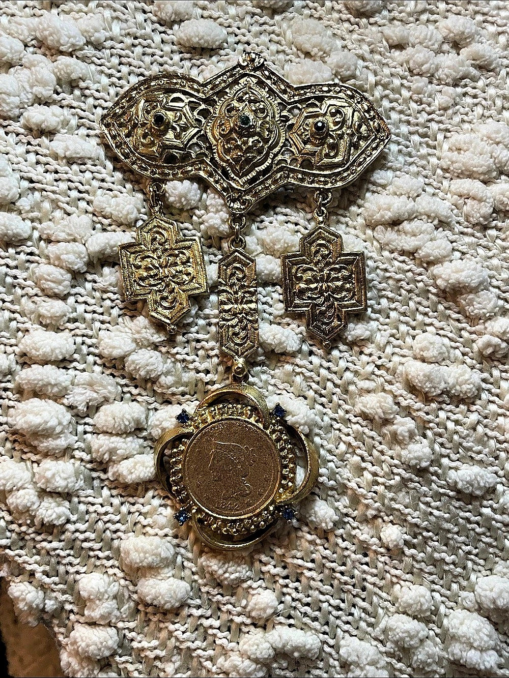 Vintage 1960s Etruscan Revival Dangle Brooch with Authentic 1847 US Braided Hair